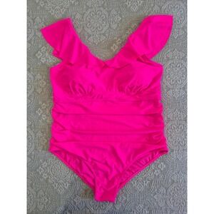 Daci Womens Neon Hot Pink Ruffle Ruched One Piece Swimsuit Size 18W NEW